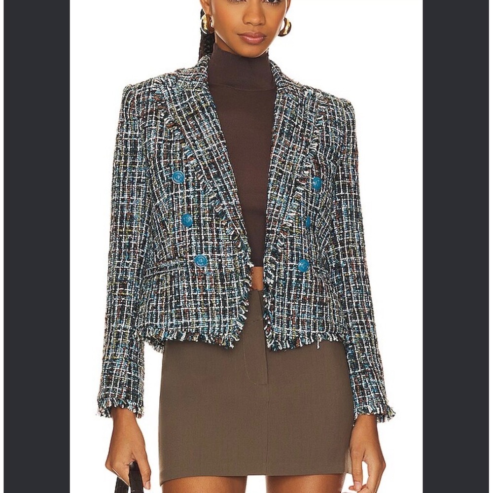 L'AGENCE Brooke Blue Multicolor Tweed Cropped Blazer 00 boucle look preppy